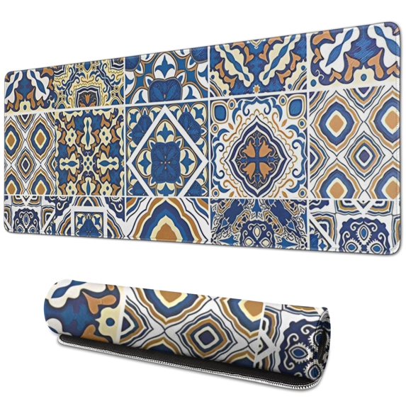 Long Mouse Pads for Desk,Blue Ethnic Geometric Patchwork Pattern Desk Mats on Top Of Desks, Desk Mouse Pad Extra Large with 3mm Non-Slip Base and Stitched Edge for Gaming,Office,Work,Home 31.5"x11.8"