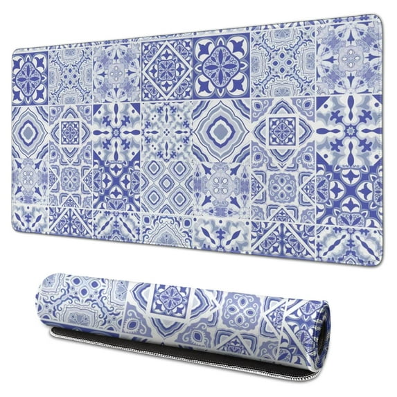 Long Mouse Pads for Desk,Blue Ethnic Geometric Pattern Desk Mats on Top Of Desks, Desk Mouse Pad Extra Large with 3mm Non-Slip Base and Stitched Edge for Gaming,Office,Work,Home 31.5"x15.7"