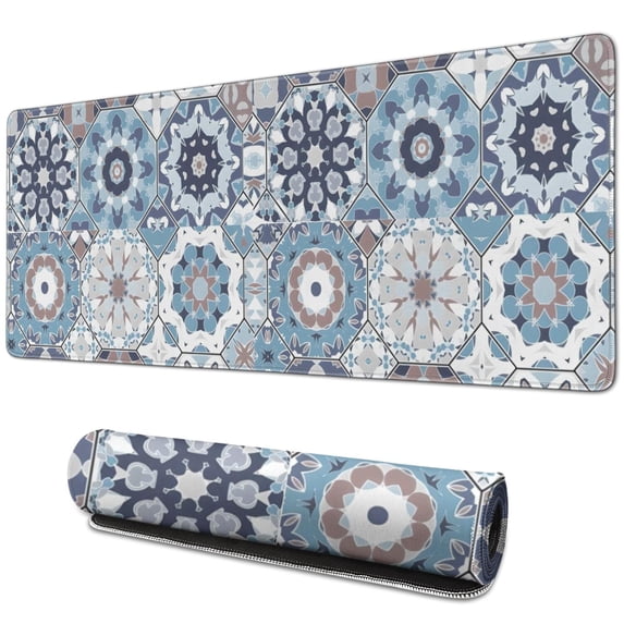 Long Mouse Pads for Desk,Blue Ethnic Geometric Pattern Desk Mats on Top Of Desks, Desk Mouse Pad Extra Large with 3mm Non-Slip Base and Stitched Edge for Gaming,Office,Work,Home 31.5"x11.8"