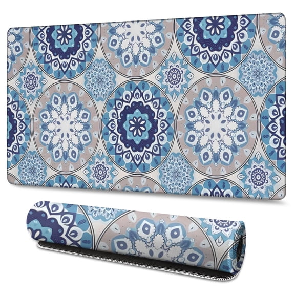 Long Mouse Pads for Desk,Blue Ethnic Mandala Pattern Desk Mats on Top Of Desks, Desk Mouse Pad Extra Large with 3mm Non-Slip Base and Stitched Edge for Gaming,Office,Work,Home 47.3"x23.6"