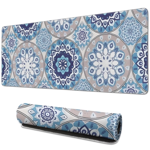 Long Mouse Pads for Desk,Blue Ethnic Mandala Pattern Desk Mats on Top Of Desks, Desk Mouse Pad Extra Large with 3mm Non-Slip Base and Stitched Edge for Gaming,Office,Work,Home 31.5"x11.8"