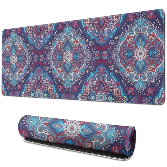 Long Mouse Pads for Desk,Blue Ethnic Paisley Pattern Desk Mats on Top Of Desks, Desk Mouse Pad Extra Large with 3mm Non-Slip Base and Stitched Edge for Gaming,Office,Work,Home 31.5"x11.8"