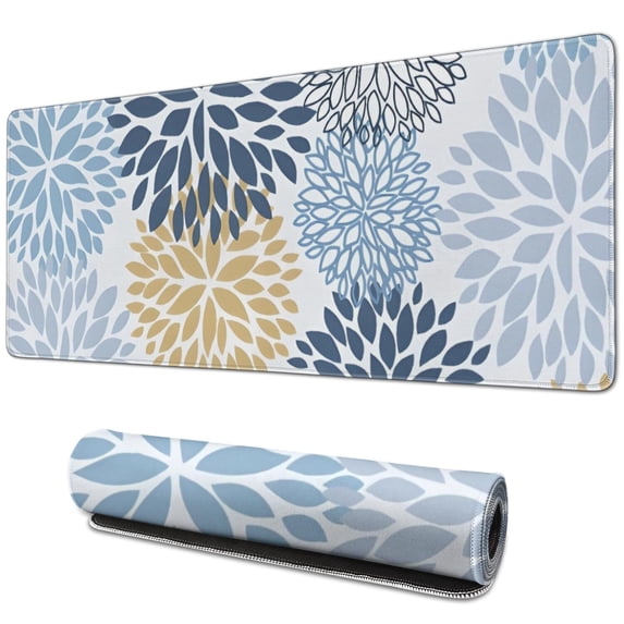 Long Mouse Pads for Desk,Blue Floral and Petal Pattern Desk Mats on Top Of Desks, Desk Mouse Pad Extra Large with 3mm Non-Slip Base and Stitched Edge for Gaming,Office,Work,Home 31.5"x11.8"