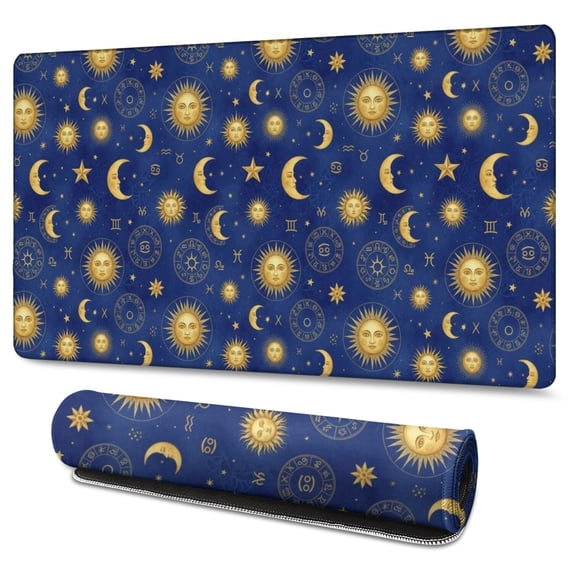 Long Mouse Pads for Desk,Blue Gold Sun Moon Star Zodiac Pattern Desk Mats on Top Of Desks, Desk Mouse Pad Extra Large with 3mm Non-Slip Base and Stitched Edge for Gaming,Office,Work,Home 47.3"x23.6"