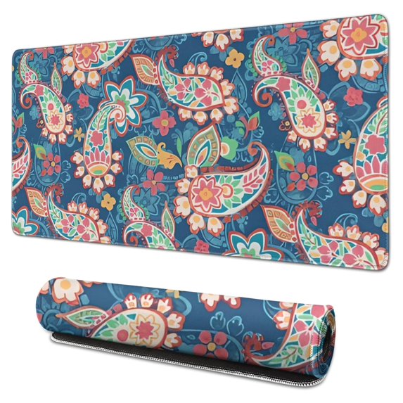 Long Mouse Pads for Desk,Blue Paisley and Floral Pattern Desk Mats on Top Of Desks, Desk Mouse Pad Extra Large with 3mm Non-Slip Base and Stitched Edge for Gaming,Office,Work,Home 31.5"x15.7"