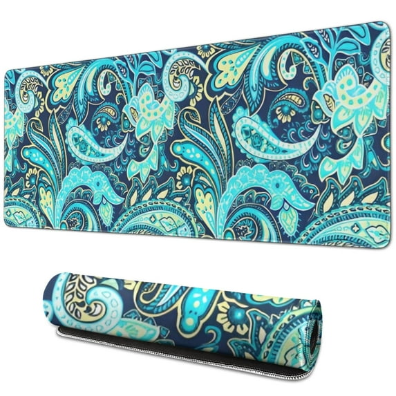 Long Mouse Pads for Desk,Blue Paisley and Floral Pattern Desk Mats on Top Of Desks, Desk Mouse Pad Extra Large with 3mm Non-Slip Base and Stitched Edge for Gaming,Office,Work,Home 31.5"x11.8"