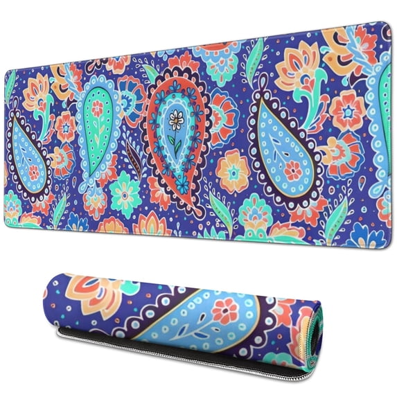Long Mouse Pads for Desk,Blue Paisley and Floral Pattern Desk Mats on Top Of Desks, Desk Mouse Pad Extra Large with 3mm Non-Slip Base and Stitched Edge for Gaming,Office,Work,Home 31.5"x11.8"