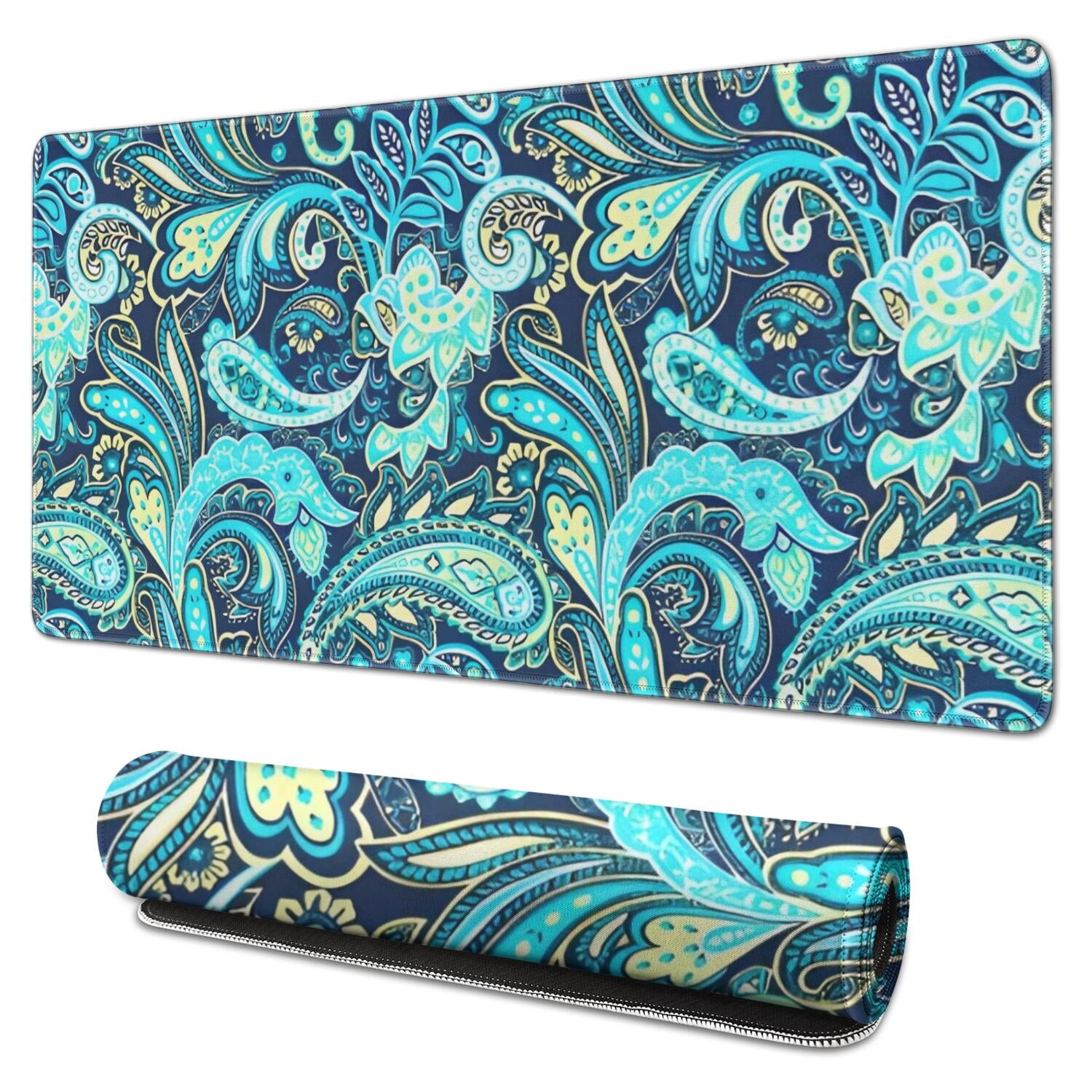 Long Mouse Pads for Desk,Blue Paisley and Floral Pattern Desk Mats on Top Of Desks, Desk Mouse Pad Extra Large with 3mm Non-Slip Base and Stitched Edge for Gaming,Office,Work,Home 31.5"x15.7"