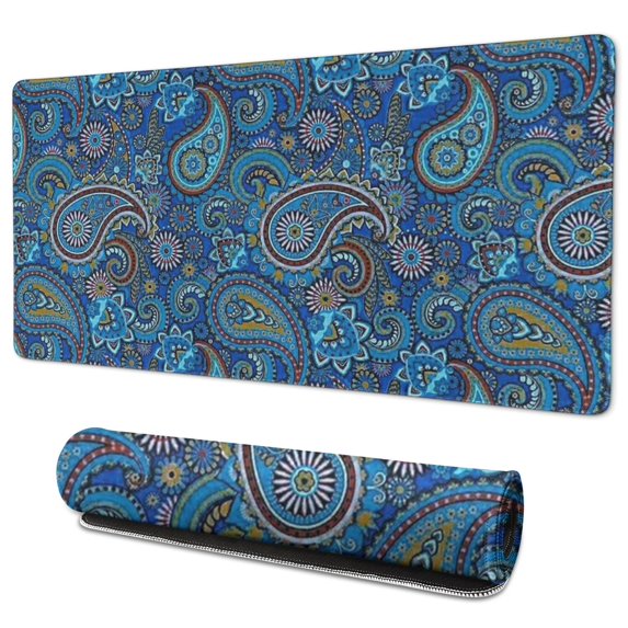 Long Mouse Pads for Desk,Blue Paisley Pattern Desk Mats on Top Of Desks, Desk Mouse Pad Extra Large with 3mm Non-Slip Base and Stitched Edge for Gaming,Office,Work,Home 35.4"x15.7"
