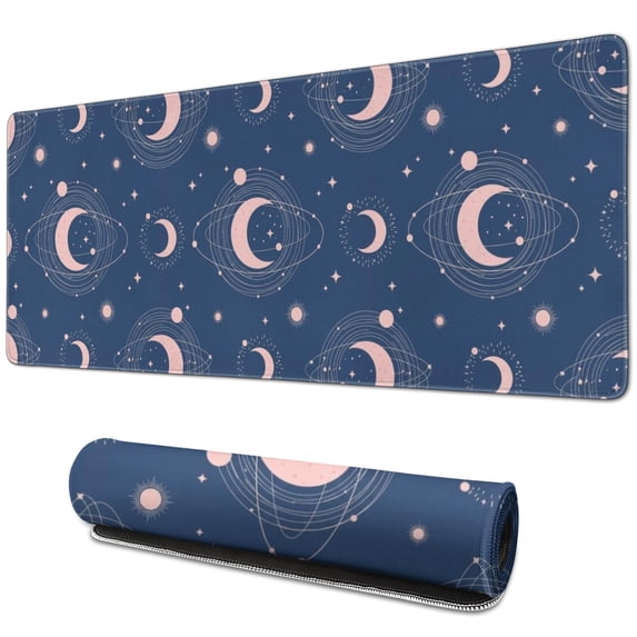 Long Mouse Pads for Desk,Blue Pink Moon Star Planet Pattern Desk Mats on Top Of Desks, Desk Mouse Pad Extra Large with 3mm Non-Slip Base and Stitched Edge for Gaming,Office,Work,Home 31.5"x11.8"