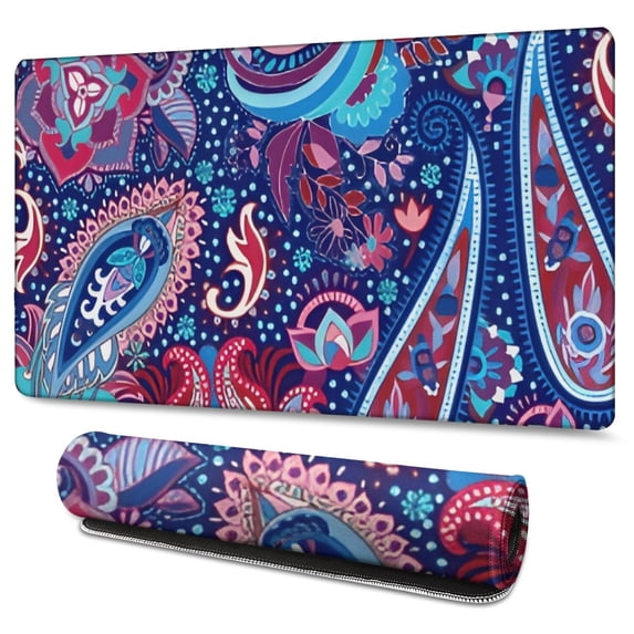 Long Mouse Pads for Desk,Blue Pioneer Flower and Paisley Pattern Desk Mats on Top Of Desks, Desk Mouse Pad Extra Large with 3mm Non-Slip Base and Stitched Edge for Gaming,Office,Work,Home 47.3"x23.6"