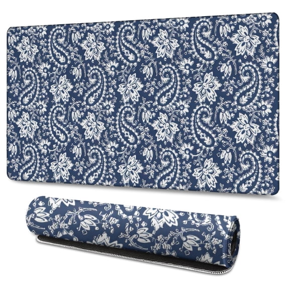 Long Mouse Pads for Desk,Blue Pioneer Flower and Paisley Pattern Desk Mats on Top Of Desks, Desk Mouse Pad Extra Large with 3mm Non-Slip Base and Stitched Edge for Gaming,Office,Work,Home 47.3"x23.6"