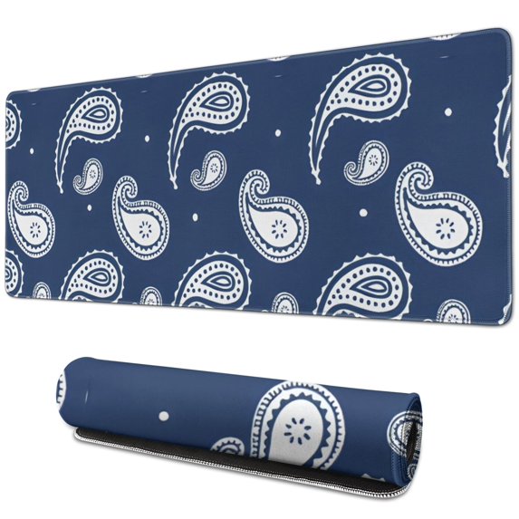 Long Mouse Pads for Desk,Blue Pioneer Flower and Paisley Pattern Desk Mats on Top Of Desks, Desk Mouse Pad Extra Large with 3mm Non-Slip Base and Stitched Edge for Gaming,Office,Work,Home 31.5"x11.8"