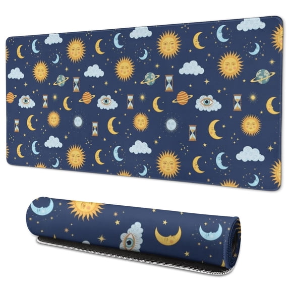 Long Mouse Pads for Desk,Blue Sun Moon Cloud Planet Eye Hourglass Desk Mats on Top Of Desks, Desk Mouse Pad Extra Large with 3mm Non-Slip Base and Stitched Edge for Gaming,Work,Home 35.4"x15.7"