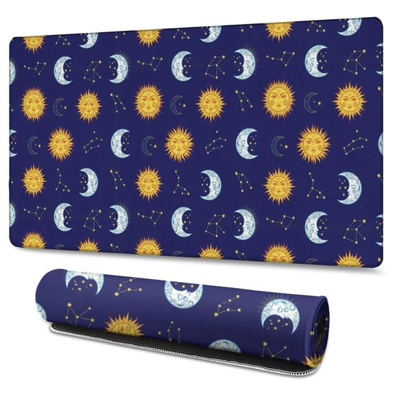 Long Mouse Pads for Desk,Blue Sun Moon Constellation Pattern Desk Mats on Top Of Desks, Desk Mouse Pad Extra Large with 3mm Non-Slip Base and Stitched Edge for Gaming,Office,Work,Home 47.3"x23.6"