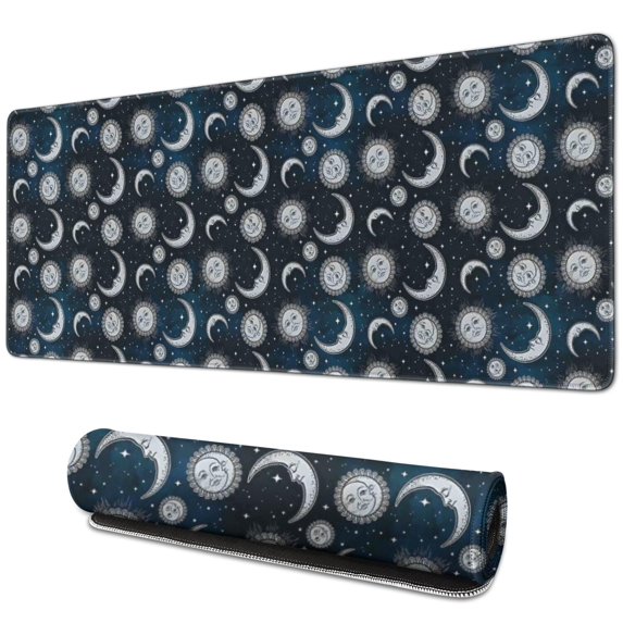 Long Mouse Pads for Desk,Blue Sun Moon Pattern Desk Mats on Top Of Desks, Desk Mouse Pad Extra Large with 3mm Non-Slip Base and Stitched Edge for Gaming,Office,Work,Home 31.5"x11.8"