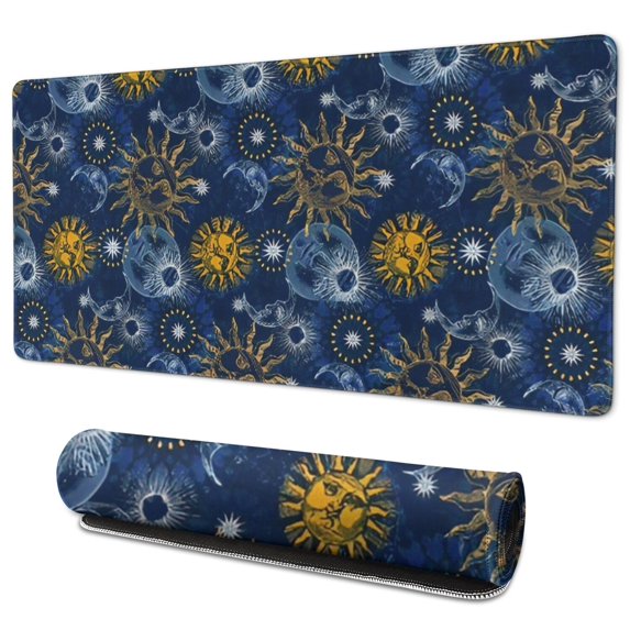 Long Mouse Pads for Desk,Blue Sun Moon Star Pattern Desk Mats on Top Of Desks, Desk Mouse Pad Extra Large with 3mm Non-Slip Base and Stitched Edge for Gaming,Office,Work,Home 35.4"x15.7"