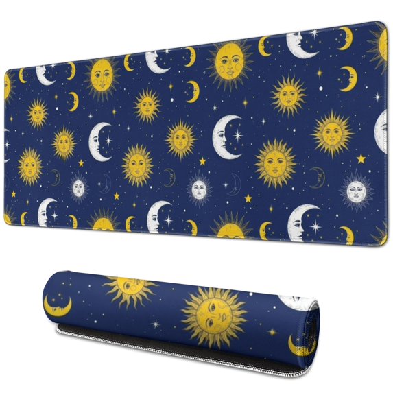 Long Mouse Pads for Desk,Blue Sun Moon Star Pattern Desk Mats on Top Of Desks, Desk Mouse Pad Extra Large with 3mm Non-Slip Base and Stitched Edge for Gaming,Office,Work,Home 31.5"x11.8"