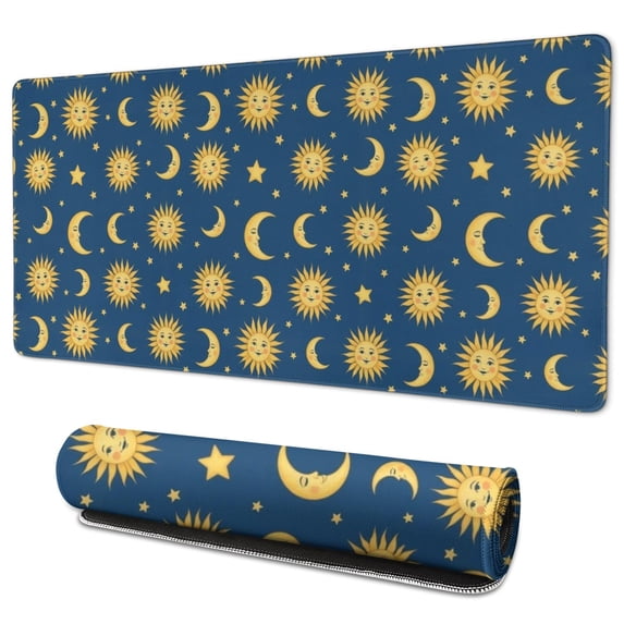 Long Mouse Pads for Desk,Blue Sun Moon Star Pattern Desk Mats on Top Of Desks, Desk Mouse Pad Extra Large with 3mm Non-Slip Base and Stitched Edge for Gaming,Office,Work,Home 35.4"x15.7"