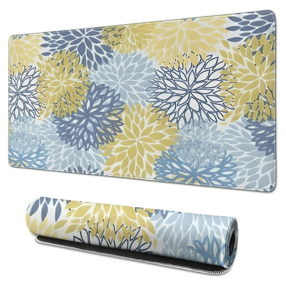 Long Mouse Pads for Desk,Blue and Yellow Floral Pattern Desk Mats on Top Of Desks, Desk Mouse Pad Extra Large with 3mm Non-Slip Base and Stitched Edge for Gaming,Office,Work,Home 31.5"x15.7"