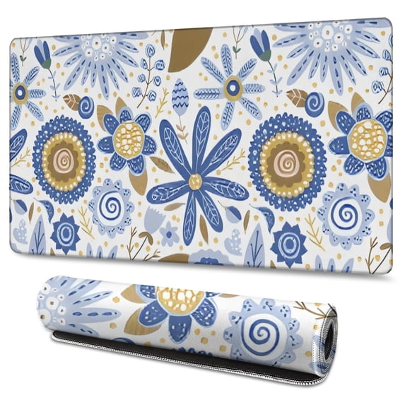 Long Mouse Pads for Desk,Blue and Yellow Pioneer Flower Desk Mats on Top Of Desks, Desk Mouse Pad Extra Large with 3mm Non-Slip Base and Stitched Edge for Gaming,Office,Work,Home 47.3"x23.6"