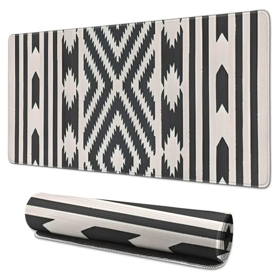 Long Mouse Pads for Desk,Boho Black and White Diamond Central Ethnic Desk Mats on Top Of Desks, Desk Mouse Pad Extra Large with 3mm Non-Slip Base and Stitched Edge for Gaming,Work,Home 31.5"x15.7"
