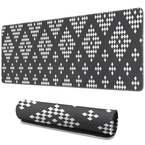 Long Mouse Pads for Desk,Boho Black and White Diamond Ethnic Desk Mats on Top Of Desks, Desk Mouse Pad Extra Large with 3mm Non-Slip Base and Stitched Edge for Gaming,Work,Home 31.5"x11.8"