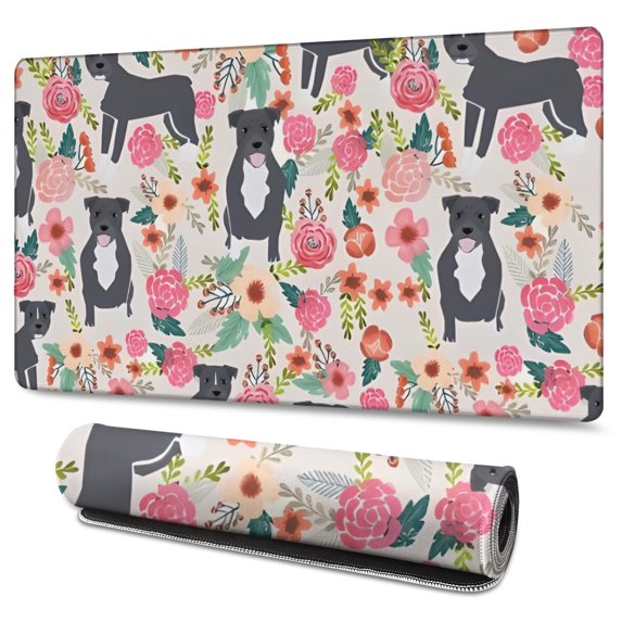 Long Mouse Pads for Desk,Boston Terrier Dog with Flower Desk Mats on Top Of Desks, Desk Mouse Pad Extra Large with 3mm Non-Slip Base and Stitched Edge for Gaming,Office,Work,Home 47.3"x23.6"
