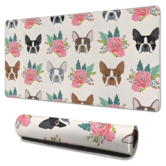 Long Mouse Pads for Desk,Boston Terrier Dog and Flower Florals Desk Mats on Top Of Desks, Desk Mouse Pad Extra Large with 3mm Non-Slip Base and Stitched Edge for Gaming,Office,Work,Home 31.5"x15.7"