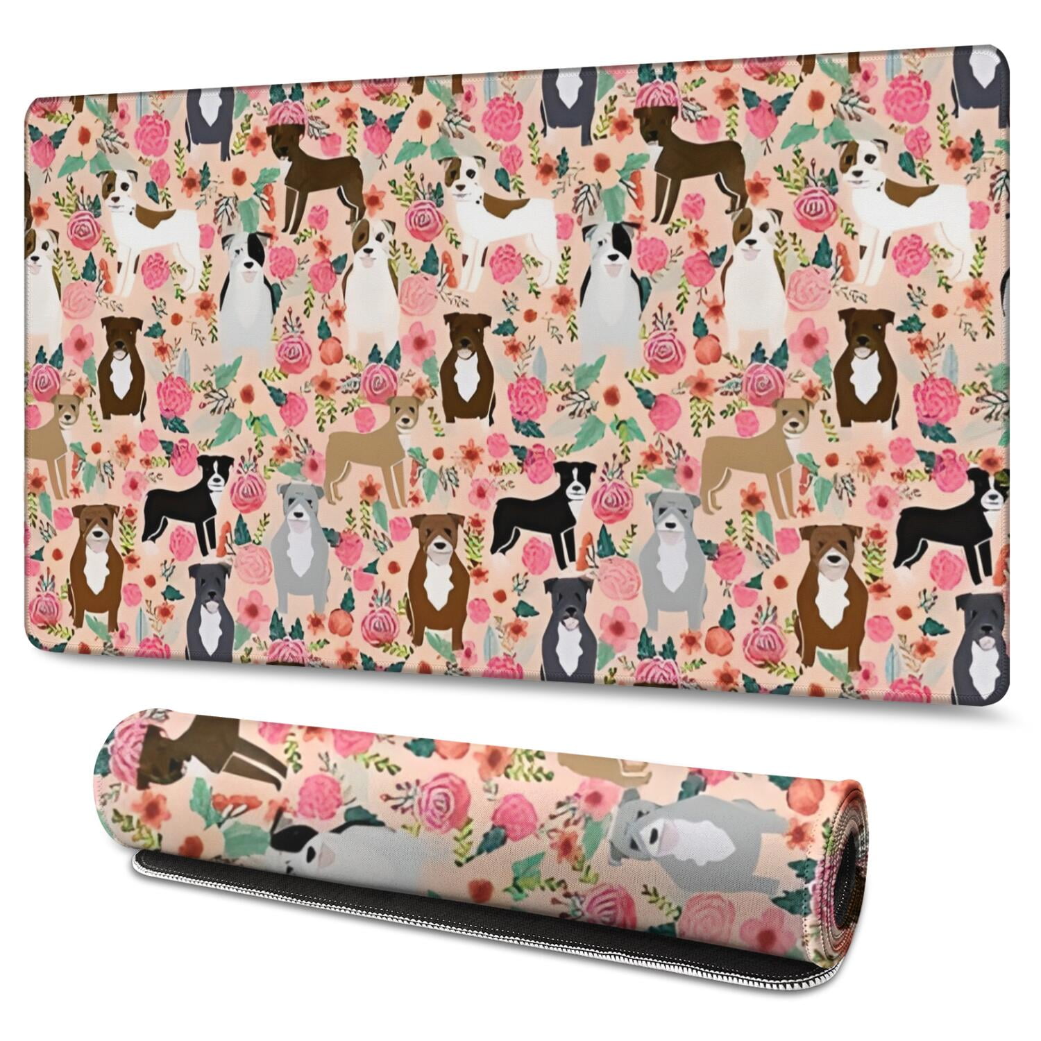 Long Mouse Pads for Desk,Boston Terrier Dogs with Pioneer Flower Desk Mats on Top Of Desks, Desk Mouse Pad Extra Large with 3mm Non-Slip Base and Stitched Edge for Gaming,Office,Work,Home 47.3"x23.6"