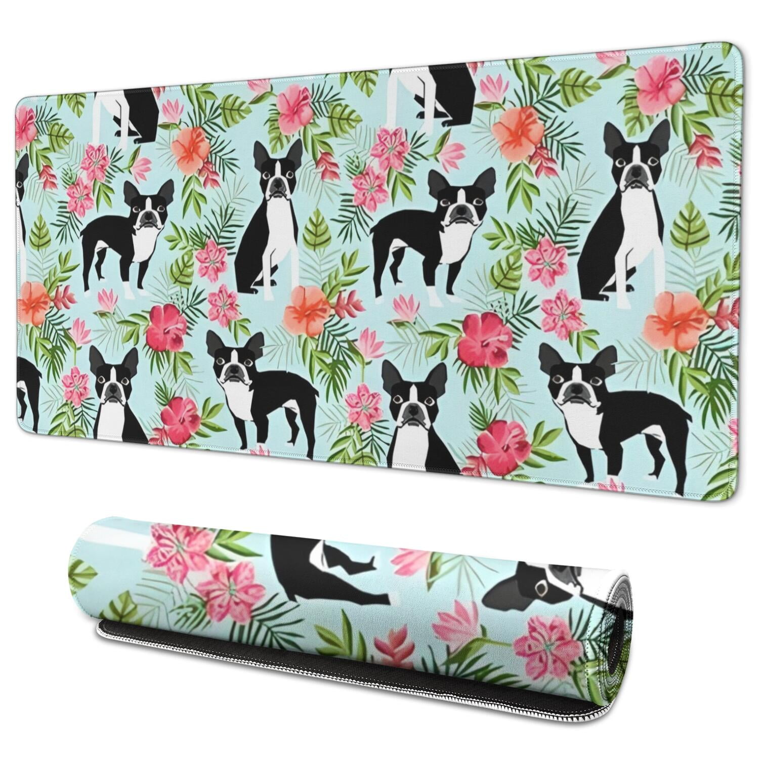 Long Mouse Pads for Desk,Boston Terriers and Pioneer Flower Desk Mats on Top Of Desks, Desk Mouse Pad Extra Large with 3mm Non-Slip Base and Stitched Edge for Gaming,Office,Work,Home 35.4"x15.7"