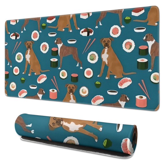 Long Mouse Pads for Desk,Boxer Dog Pitbull Terriers Dog and Sushi Desk Mats on Top Of Desks, Desk Mouse Pad Extra Large with 3mm Non-Slip Base and Stitched Edge for Gaming,Office,Work,Home 31.5"x15.7"