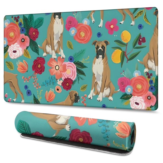 Long Mouse Pads for Desk,BoxerDog and Pioneer Flower Desk Mats on Top Of Desks, Desk Mouse Pad Extra Large with 3mm Non-Slip Base and Stitched Edge for Gaming,Office,Work,Home 47.3"x23.6"