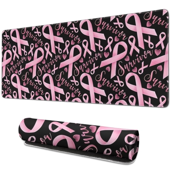 Long Mouse Pads for Desk,Breast Cancer Survivor Pink Ribbon Black Desk Mats on Top Of Desks, Desk Mouse Pad Extra Large with 3mm Non-Slip Base and Stitched Edge for Gaming,Office,Work,Home 31.5x11.8in