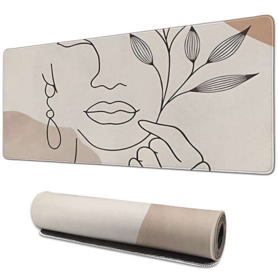 Long Mouse Pads for Desk,Brown Boho Line Art Face and Plant Desk Mats on Top Of Desks, Desk Mouse Pad Extra Large with 3mm Non-Slip Base and Stitched Edge for Gaming,Work,Home 31.5"x11.8"
