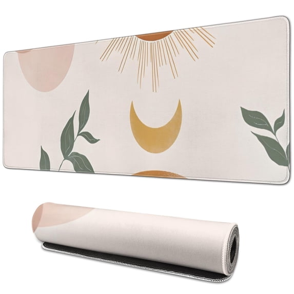 Long Mouse Pads for Desk,Brown Boho Sun, Moon and Plant Pattern Desk Mats on Top Of Desks, Desk Mouse Pad Extra Large with 3mm Non-Slip Base and Stitched Edge for Gaming,Office,Work,Home 31.5"x11.8"