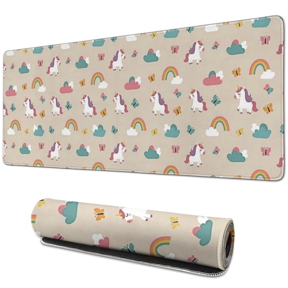 Long Mouse Pads for Desk,Brown Cartoon Unicorn Rainbow Cloud Butterfly Desk Mats on Top Of Desks, Desk Mouse Pad Extra Large with 3mm Non-Slip Base and Stitched Edge for Gaming,Work,Home 31.5"x11.8"