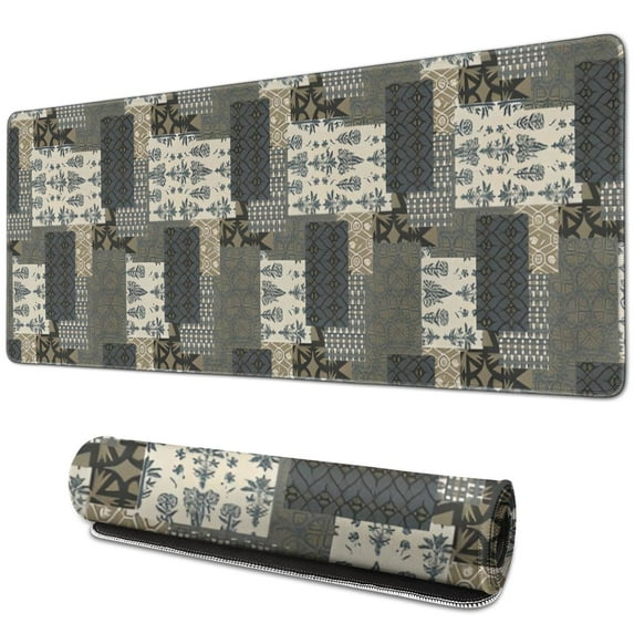Long Mouse Pads for Desk,Brown Checkered Geometric and Floral Desk Mats on Top Of Desks, Desk Mouse Pad Extra Large with 3mm Non-Slip Base and Stitched Edge for Gaming,Work,Home 31.5"x11.8"
