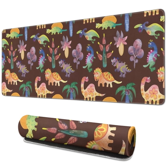 Long Mouse Pads for Desk,Brown Dinosaurs Flowers Trees Pattern Desk Mats on Top Of Desks, Desk Mouse Pad Extra Large with 3mm Non-Slip Base and Stitched Edge for Gaming,Office,Work,Home 31.5"x11.8"