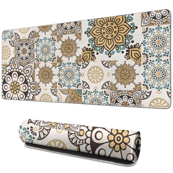 Long Mouse Pads for Desk,Brown Ethnic Floral and Mandala Pattern Desk Mats on Top Of Desks, Desk Mouse Pad Extra Large with 3mm Non-Slip Base and Stitched Edge for Gaming,Office,Work,Home 31.5"x11.8"