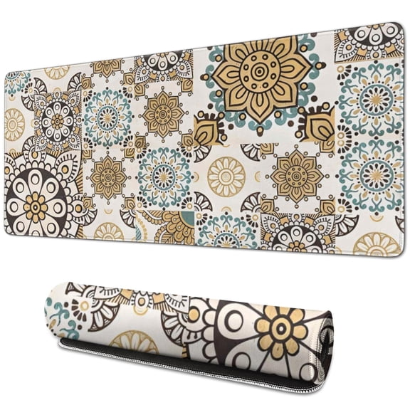 Long Mouse Pads for Desk,Brown Ethnic Floral and Mandala Pattern Desk Mats on Top Of Desks, Desk Mouse Pad Extra Large with 3mm Non-Slip Base and Stitched Edge for Gaming,Office,Work,Home 31.5"x11.8"