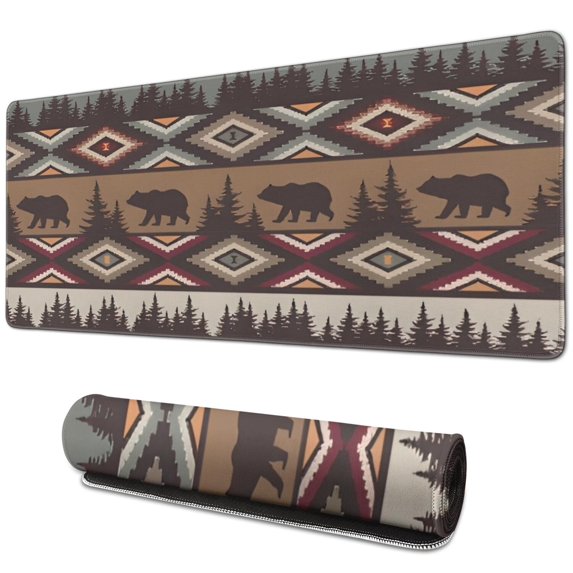 Long Mouse Pads for Desk,Brown Geometric and Bear Pattern Desk Mats on Top Of Desks, Desk Mouse Pad Extra Large with 3mm Non-Slip Base and Stitched Edge for Gaming,Office,Work,Home 31.5"x11.8"