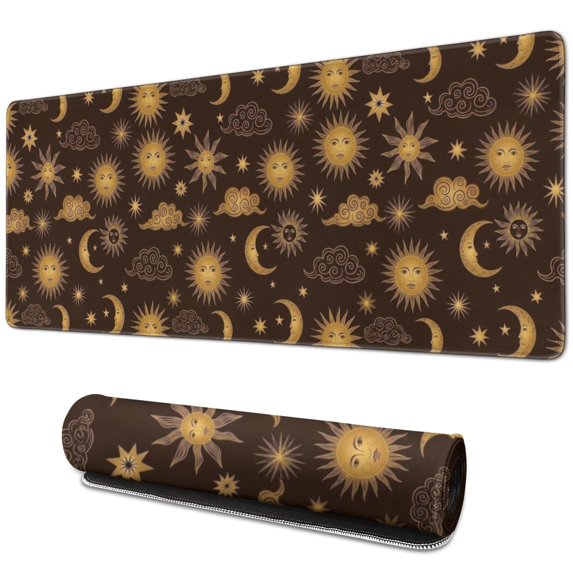 Long Mouse Pads for Desk,Brown Sun Moon Cloud Pattern Desk Mats on Top Of Desks, Desk Mouse Pad Extra Large with 3mm Non-Slip Base and Stitched Edge for Gaming,Office,Work,Home 31.5"x11.8"
