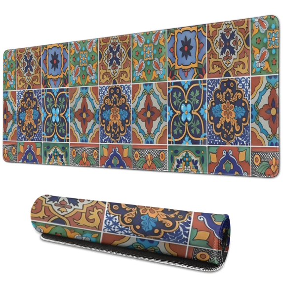 Long Mouse Pads for Desk,Brown Traditional Tile Pattern Desk Mats on Top Of Desks, Desk Mouse Pad Extra Large with 3mm Non-Slip Base and Stitched Edge for Gaming,Office,Work,Home 31.5"x11.8"
