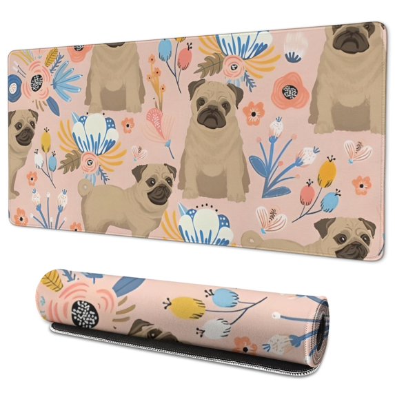 Long Mouse Pads for Desk,Bulldog Dog and Flower Florals Desk Mats on Top Of Desks, Desk Mouse Pad Extra Large with 3mm Non-Slip Base and Stitched Edge for Gaming,Office,Work,Home 35.4"x15.7"
