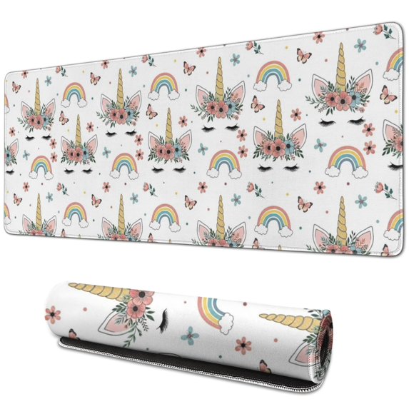 Long Mouse Pads for Desk,Cartoon Unicorn Horn Flower Rainbow Butterfly Desk Mats on Top Of Desks, Desk Mouse Pad Extra Large with 3mm Non-Slip Base and Stitched Edge for Gaming,Work,Home 31.5"x11.8"