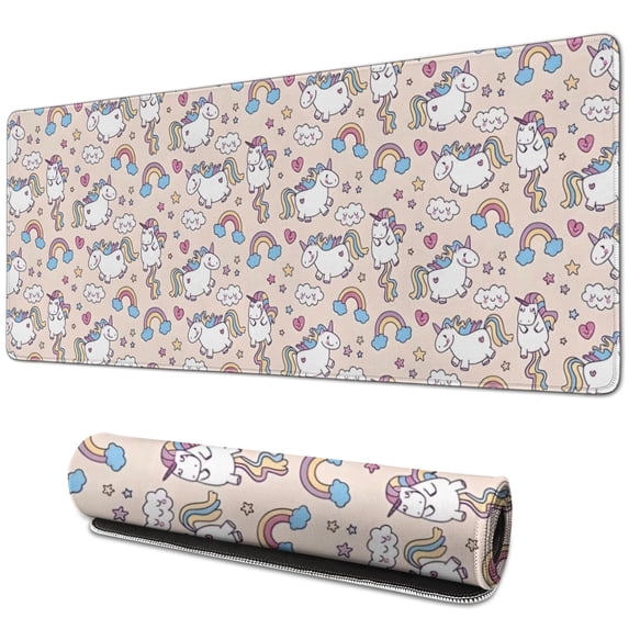 Long Mouse Pads for Desk,Cartoon Unicorn Rainbow Cloud Heart Desk Mats on Top Of Desks, Desk Mouse Pad Extra Large with 3mm Non-Slip Base and Stitched Edge for Gaming,Work,Home 31.5"x11.8"