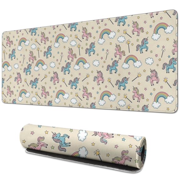 Long Mouse Pads for Desk,Cartoon Unicorn Rainbow Star Magic Wand Cloud Desk Mats on Top Of Desks, Desk Mouse Pad Extra Large with 3mm Non-Slip Base and Stitched Edge for Gaming,Work,Home 31.5"x11.8"