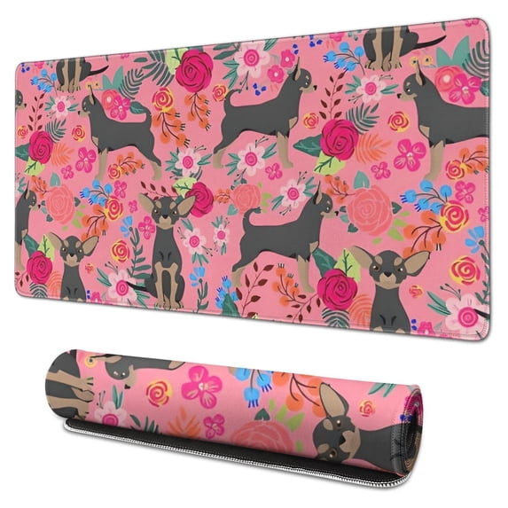 Long Mouse Pads for Desk,Chihuahua and Flower Florals Desk Mats on Top Of Desks, Desk Mouse Pad Extra Large with 3mm Non-Slip Base and Stitched Edge for Gaming,Office,Work,Home 31.5"x15.7"