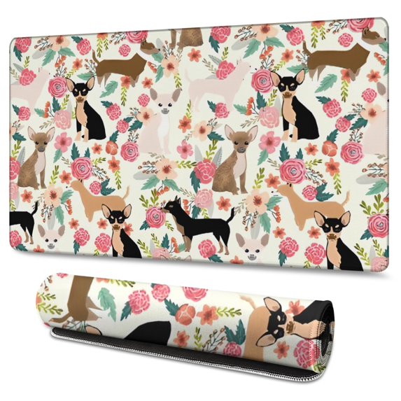 Long Mouse Pads for Desk,Chihuahua and Pioneer Flower Desk Mats on Top Of Desks, Desk Mouse Pad Extra Large with 3mm Non-Slip Base and Stitched Edge for Gaming,Office,Work,Home 47.3"x23.6"